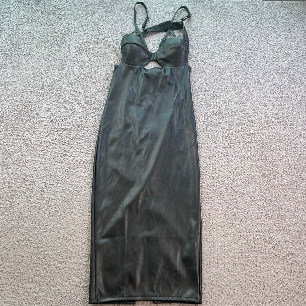 The Kollection Black Faux Leather Bustier Harness Midi Dress Madrag Small 5592